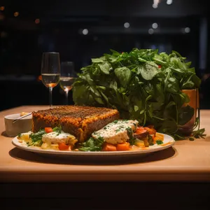Delicious gourmet meal with fresh vegetables and meat.