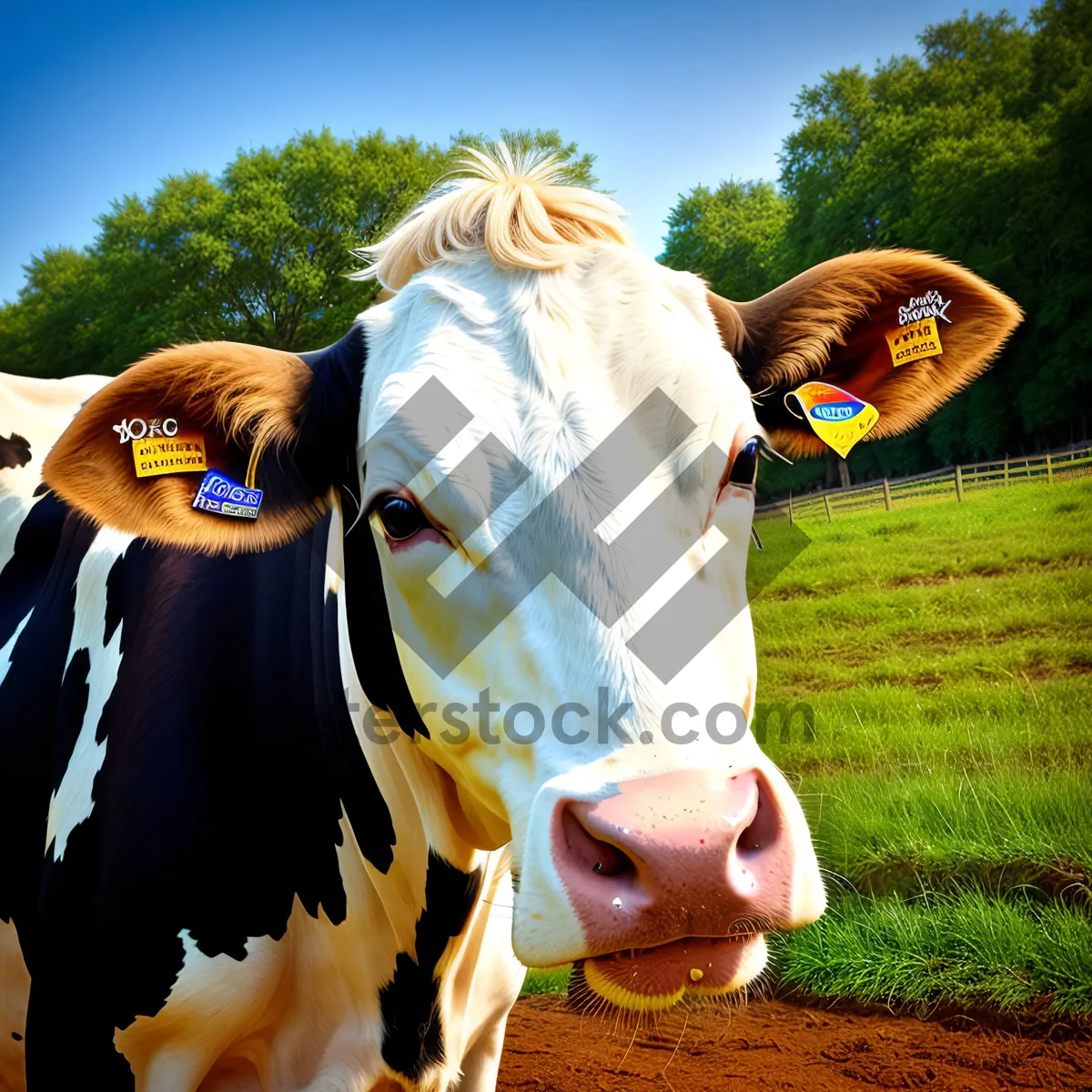 Picture of Rural Farm Cow Grazing in Green Pasture