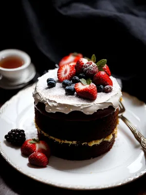 Delicious Berry Chocolate Cake with Fresh Mint Garnish