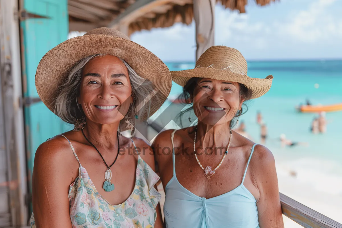 Picture of Smiling woman in bikini on tropical beach vacation.