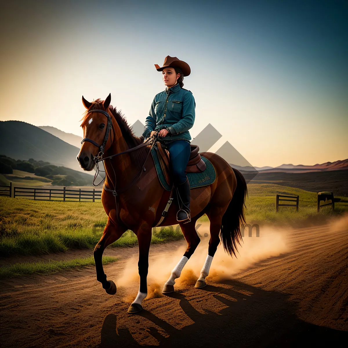 Picture of Rustic Equestrian Cowboys Riding Horses in Field