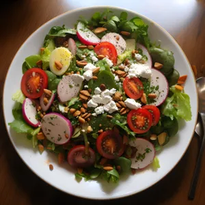 Gourmet salad with fresh seafood and vegetables