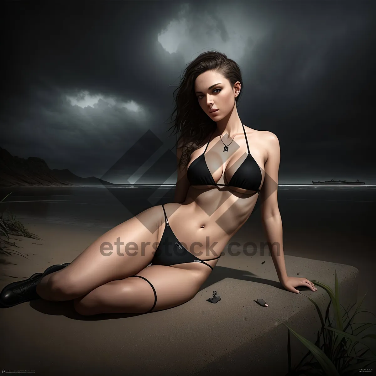 Picture of Sultry Black Bikini Model Posing with Confidence