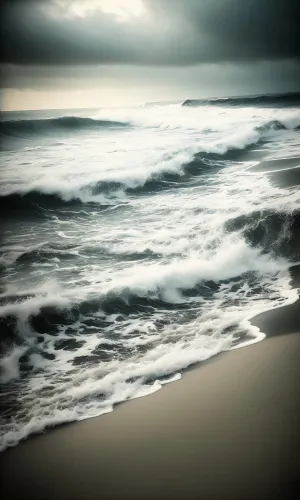 Tropical Beach Sunset with Power Waves at Shoreline