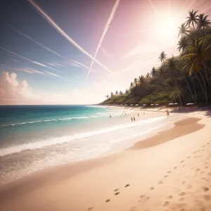 Tranquil Seascape: Turquoise Waters, Sandy Beach, and Palm Trees