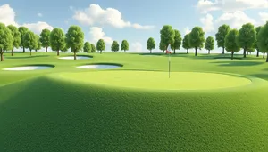 Competitive golfer on lush fairway under blue sky.