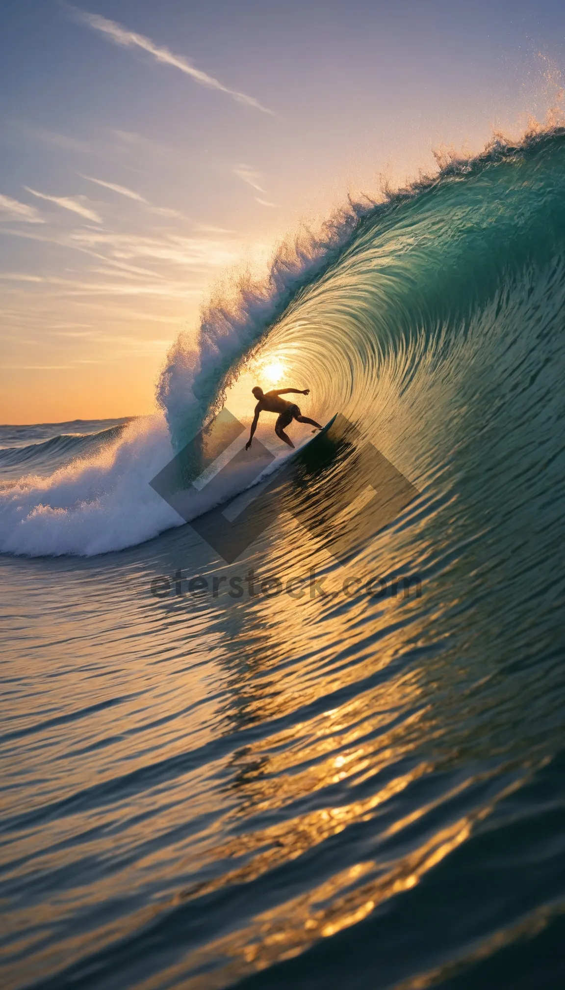 Picture of Tropical sunset with surfer riding waves.