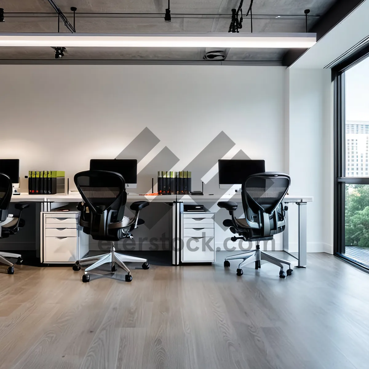 Picture of Modern office interior with stylish furniture and lighting.