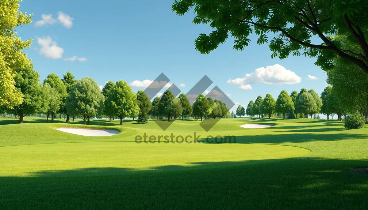 Picture of Scenic golf course with flag under clear sky