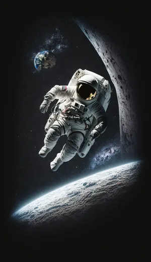 Floating astronaut in space suit with Earth background.