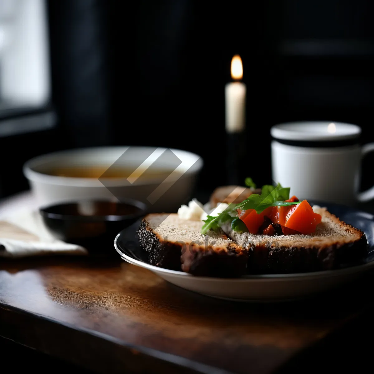 Picture of Gourmet breakfast meal on restaurant table with coffee.