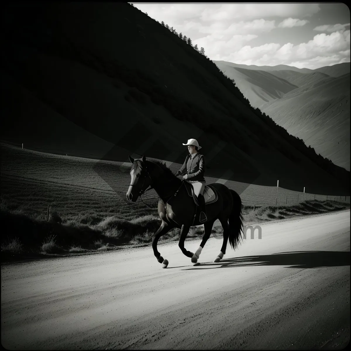 Picture of Serenity: Cowboy laborer with harness amidst sunset landscape.