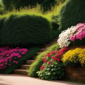 Summer garden landscape with yarrow flowers and trees.