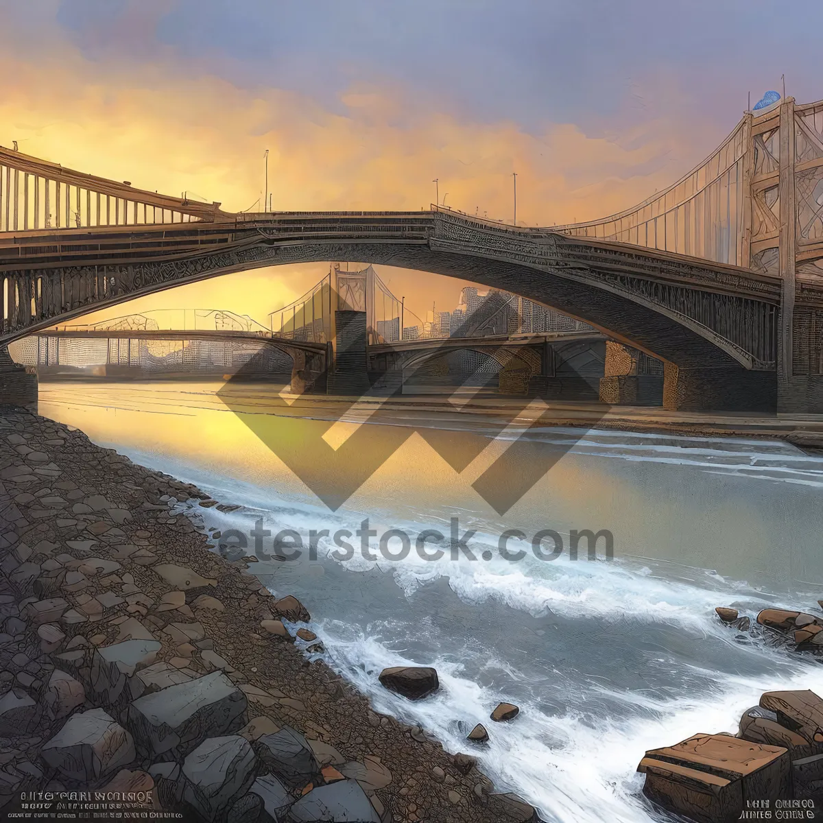 Picture of Majestic Sunset View of Iconic Urban Steel Suspension Bridge