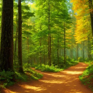 Colorful Autumn Woods Pathway in a Sunlit Forest