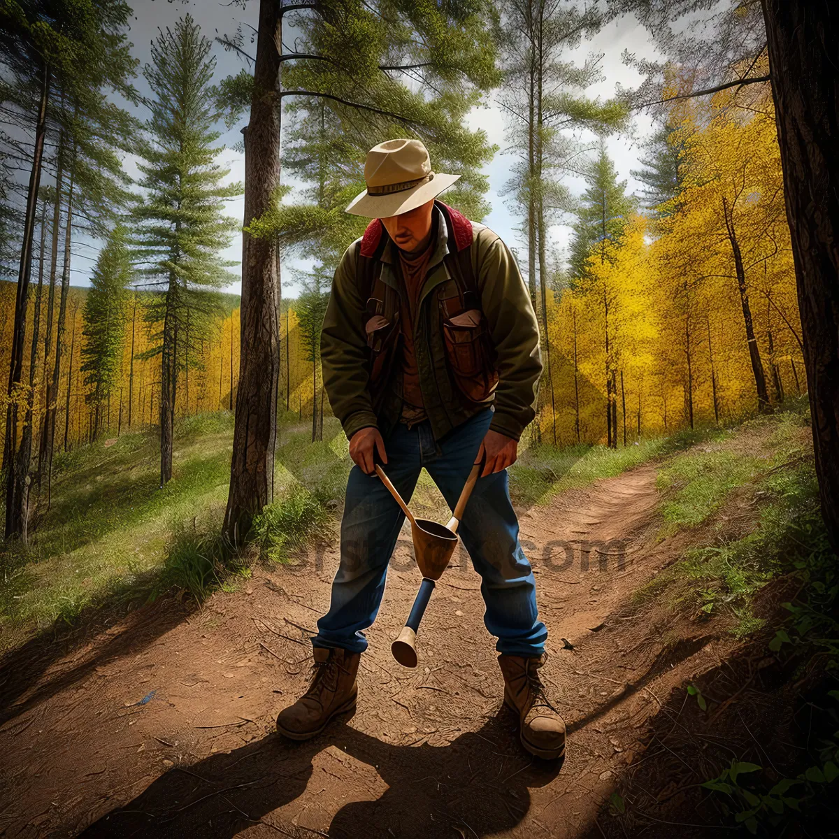 Picture of Autumn Hiking in the Forest: Adventurous Man with Backpack