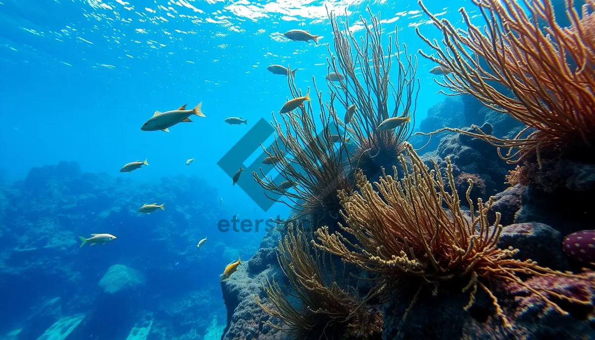 Picture of Colorful tropical fish swimming in bright sunlight underwater reef