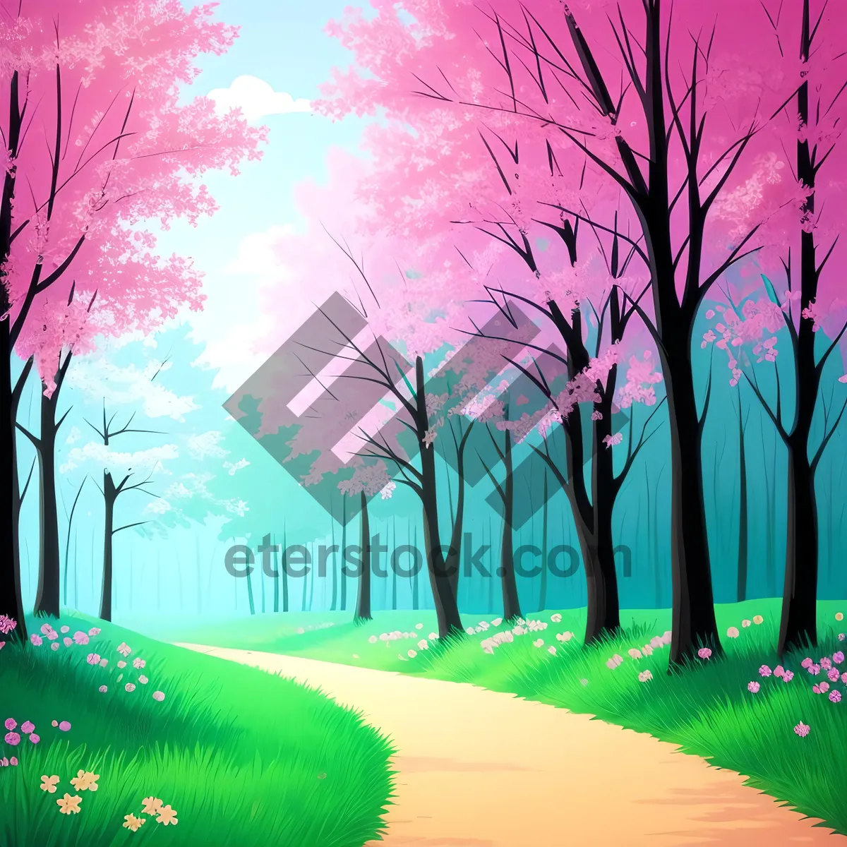 Picture of Vibrant Pink Spring Tree Silhouette.