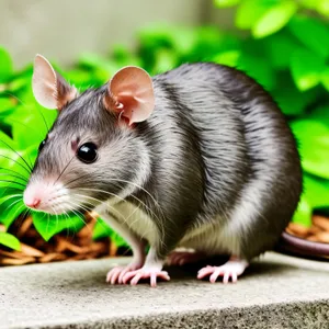 Adorable domestic rat with furry tail and cute whiskers