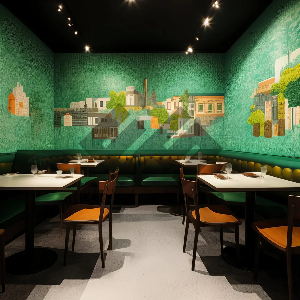 Picture of Modern restaurant interior design with wooden furniture and glass windows.