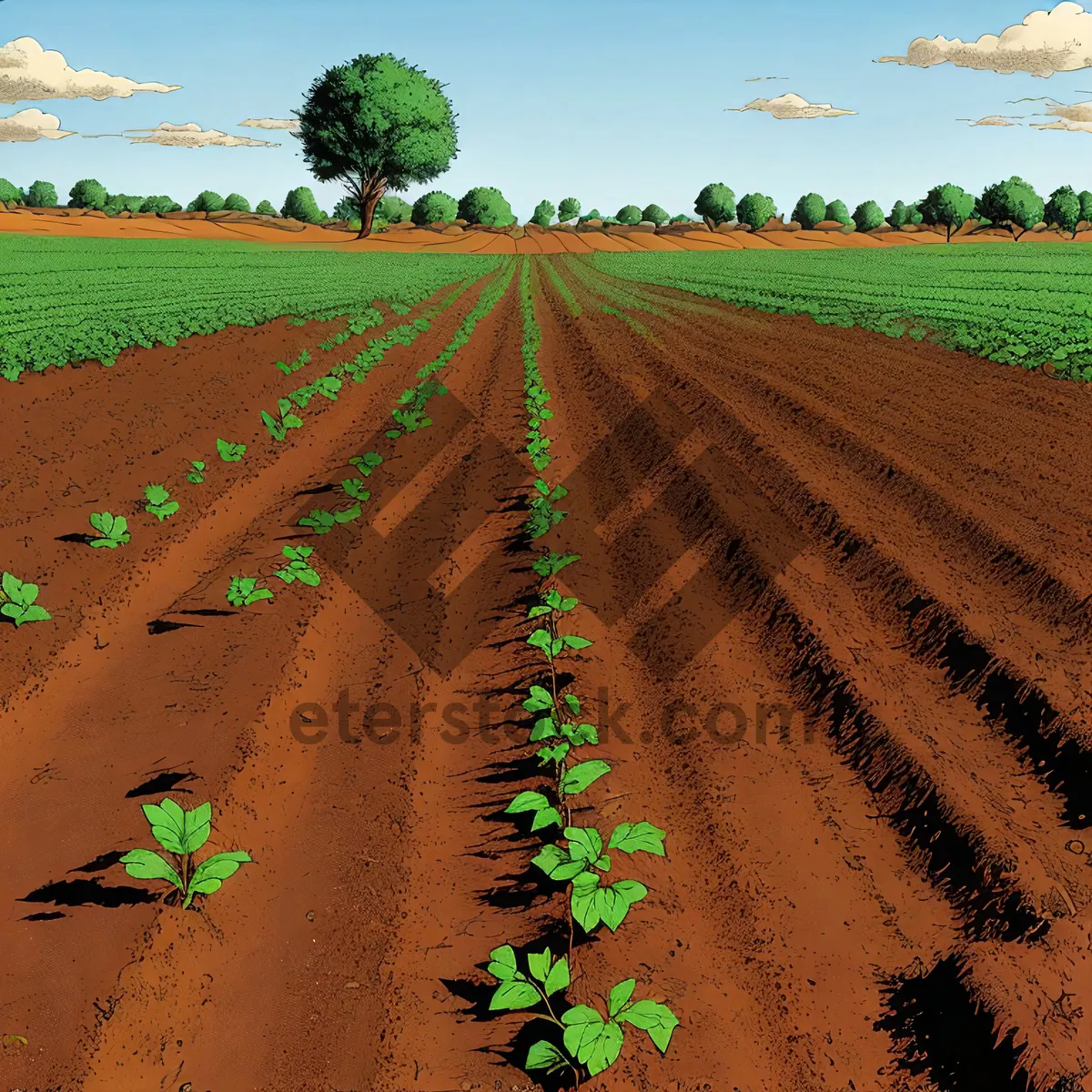 Picture of Vibrant Rural Farm Landscape Under Summer Sky