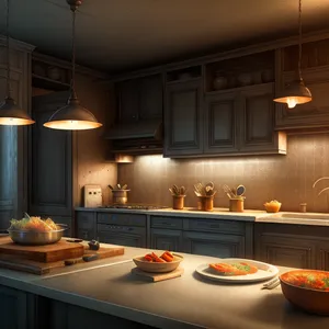 Modern Kitchen Interior with Stylish Wood-Finished Island