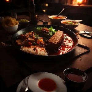Gourmet meal on plate at restaurant dinner banquet
