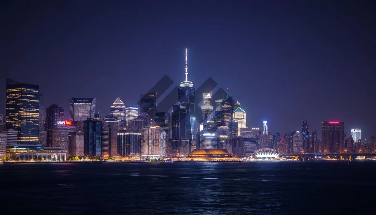 Picture of Modern skyline with city lights reflecting on river at sunset.