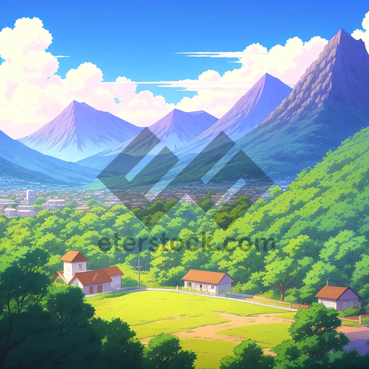 Picture of Serene Summer Countryside with Majestic Mountain backdrop