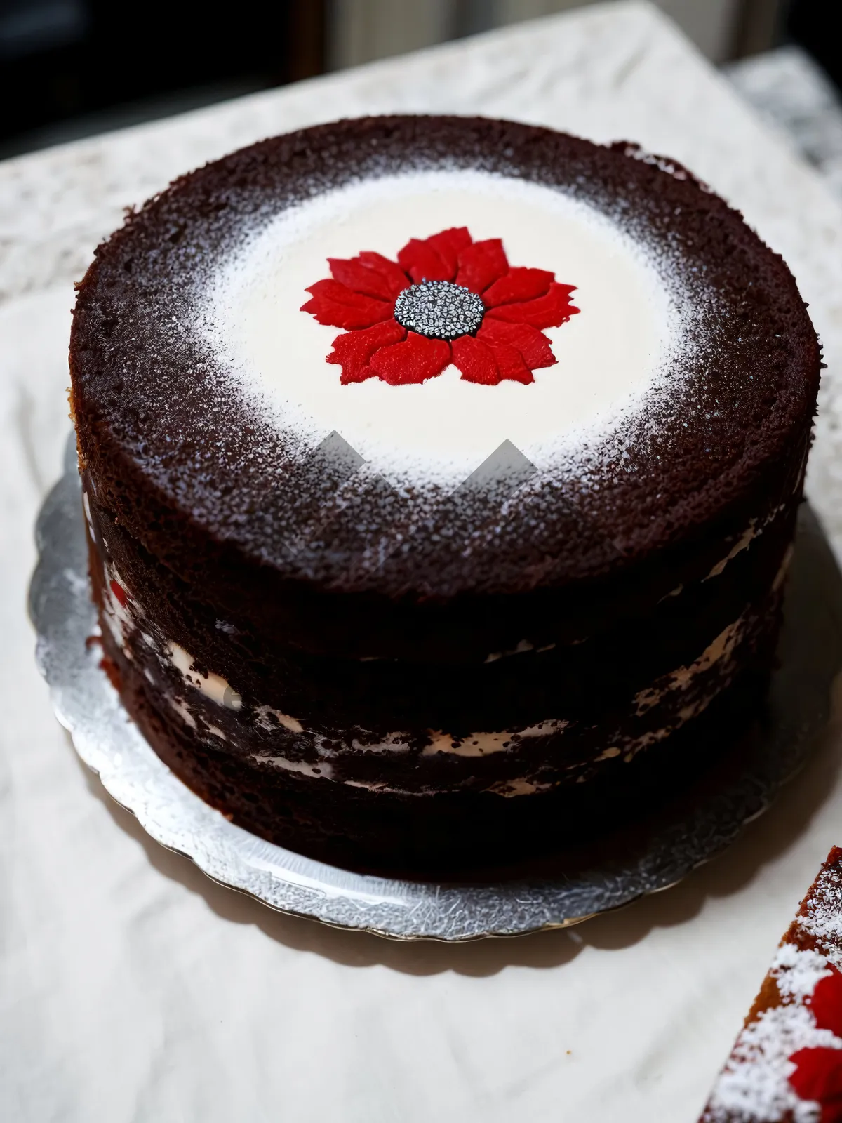 Picture of Decadent chocolate cream-covered cake with sugary topping