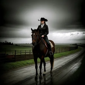 Equestrian rider on brown thoroughbred horse