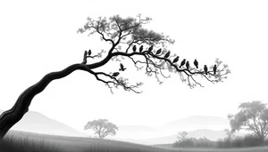 Black silhouette of oak tree branch design art.