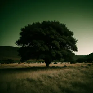 Serene Countryside with Majestic Trees and Open Fields