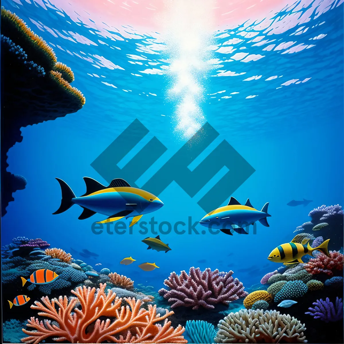 Picture of Vibrant Marine Life: Sunlit Coral Reef Amidst Clear Seawater