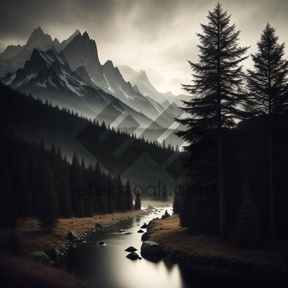 Picture of Majestic Winter Wonderland: Mountain Landscape with Snow-Covered Trees and Frozen Lake