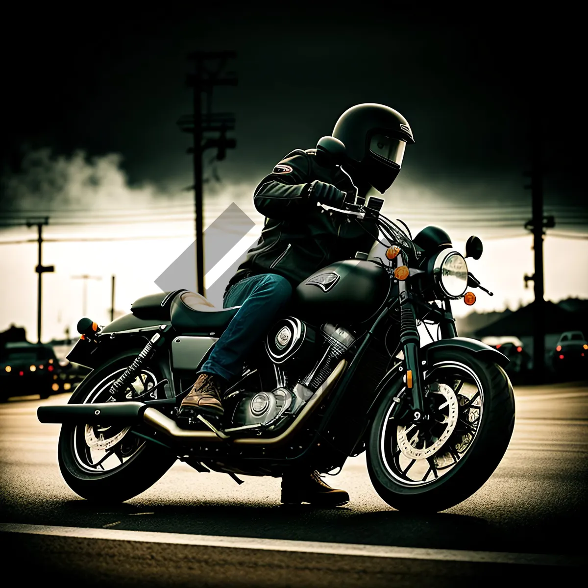 Picture of Speeding Motorcyclist in Racing Helmet and Sidecar