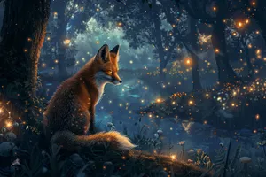 Night sky with red fox in wildlife habitat.