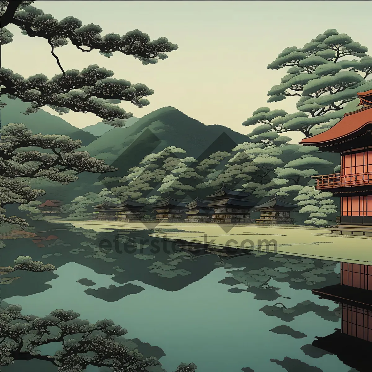 Picture of Summer lakeside reflection in tranquil forest landscape