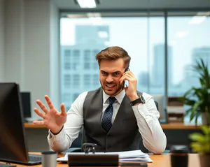 Happy male professional sitting at office desk with laptop