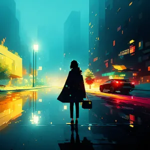 Nighttime Cityscape with Vibrant Lights and Cheering Audience