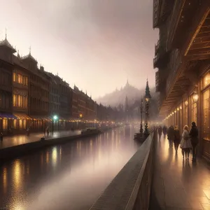 Nighttime Cityscape with Historic Bridge and Canal