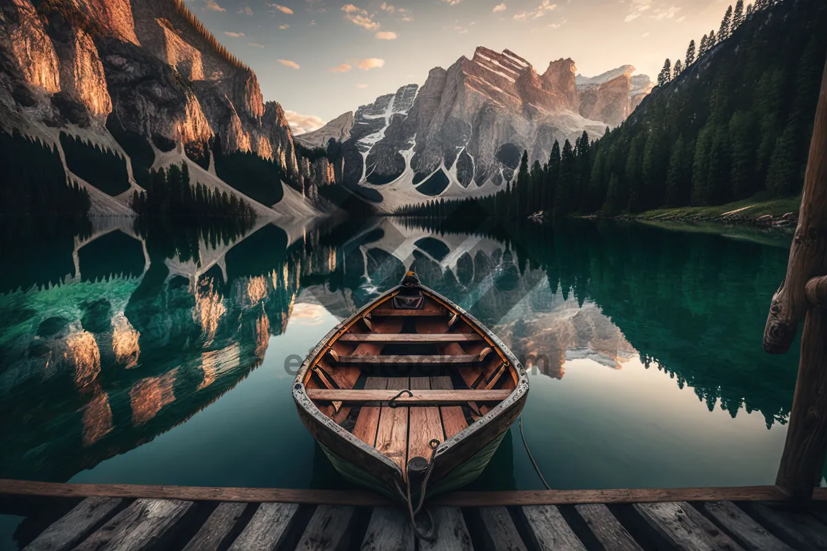 Picture of Sunset over tranquil lake with boathouse