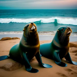 Sunny Seal Splashing by Tropical Shore