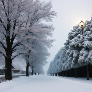 Winter Wonderland: Snowy Park Path under Frosty Trees
