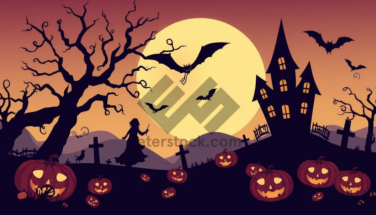 Picture of Spooky Halloween Night Scene with Moon and Pumpkin