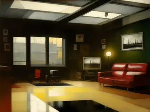 Modern office interior with wooden furniture and 3D lamp