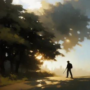 Silhouette of man at sunset on beach.