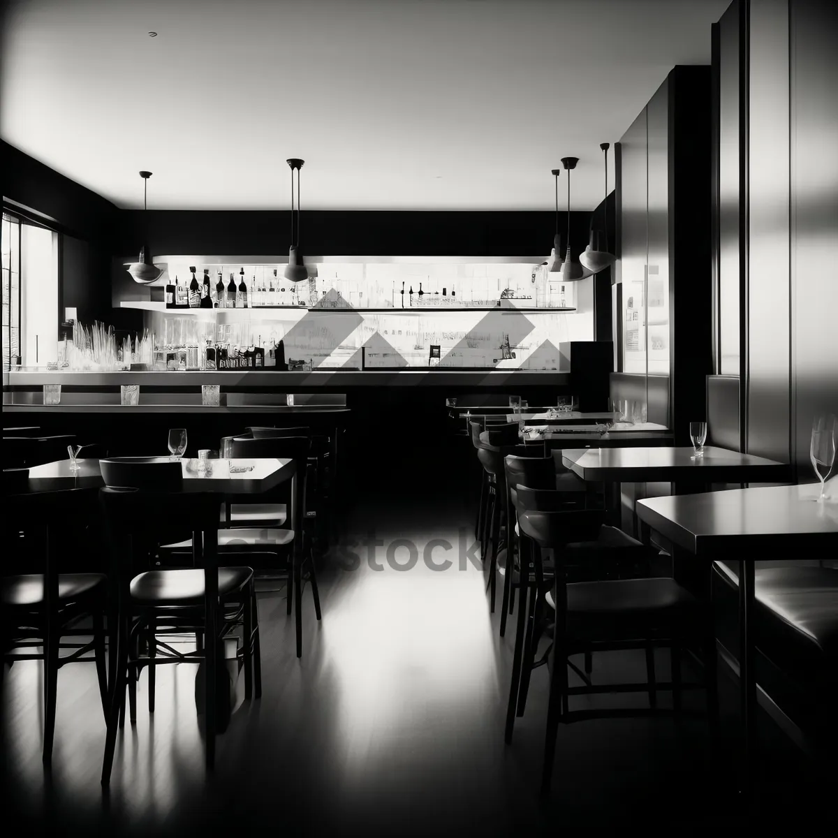 Picture of Modern restaurant interior with wooden chairs and tables