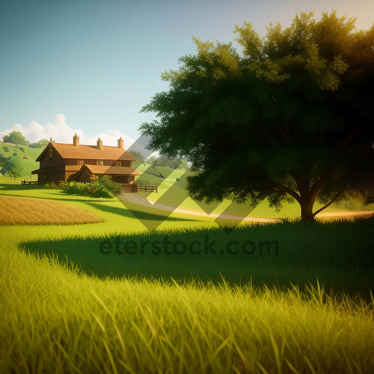 Picture of Serene countryside farm surrounded by lush meadows and clear skies