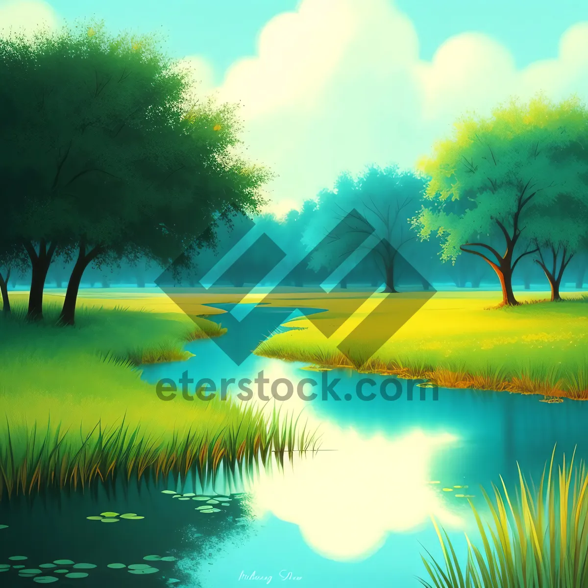 Picture of Golden Serenity: Tranquil Sunset Reflection over Meadow